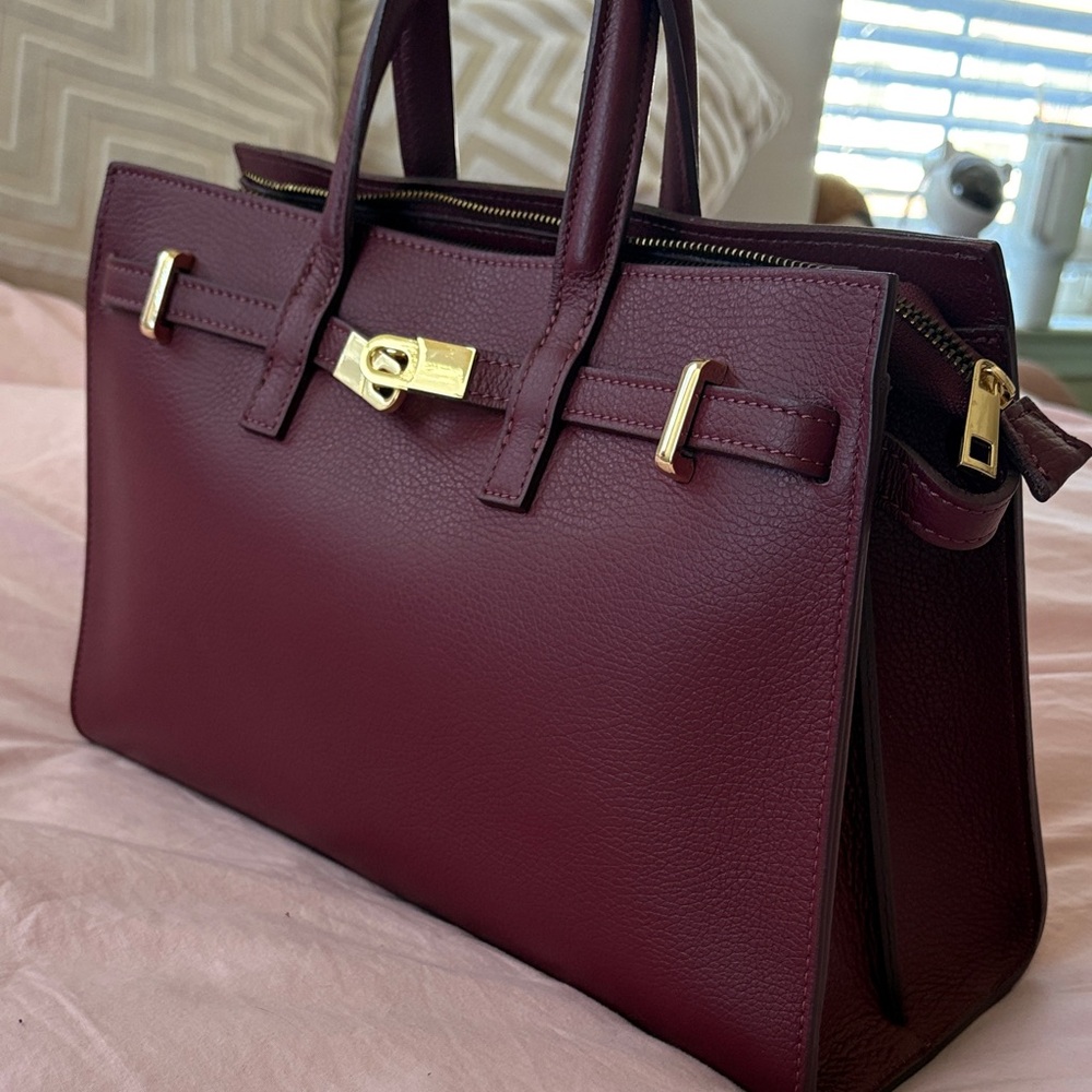 Chic Burgundy Satchel with Gold Accents